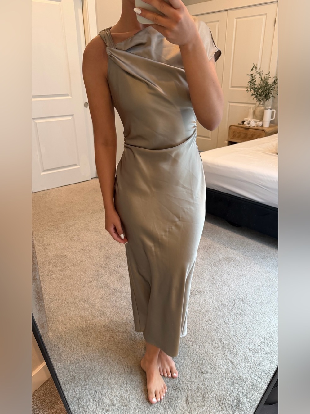 Zara Taupe Satin-Effect Midi Dress